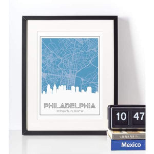 Philadelphia Pennsylvania skyline and map - 5x7 Unframed Print / SteelBlue - Road Map and Skyline