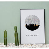 Phoenix Arizona city skyline with vintage Phoenix map - 5x7 Unframed Print - City Map Skyline