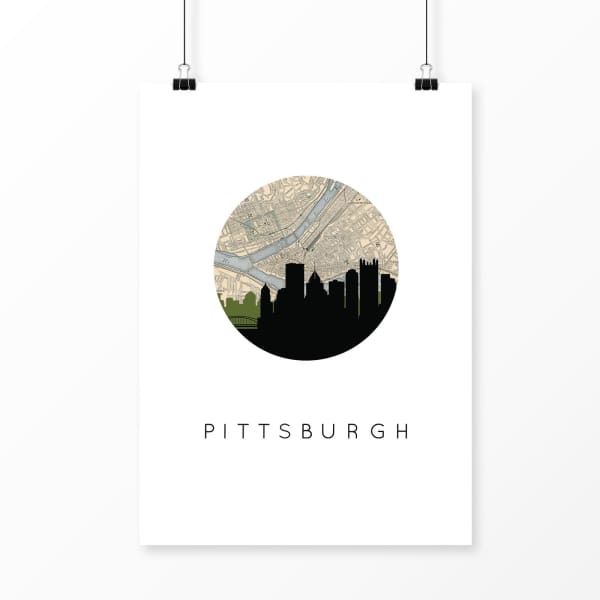 Pittsburgh Pennsylvania city skyline with vintage Pittsburgh map - 5x7 Unframed Print - City Map Skyline