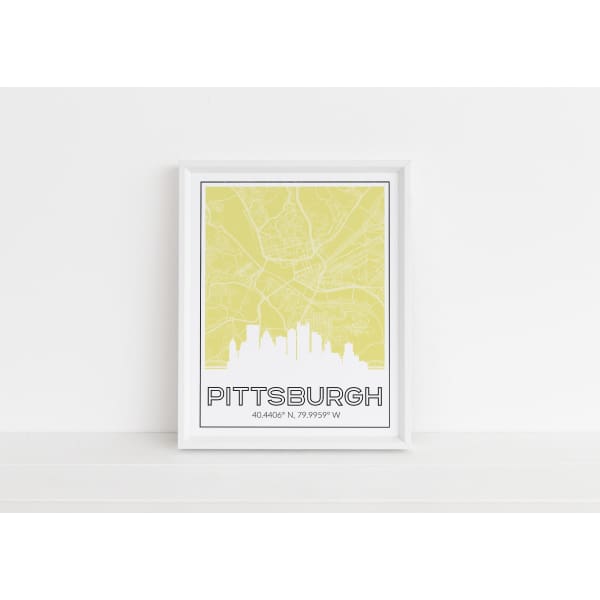 Pittsburgh Pennsylvania skyline and map with city coordinates - 5x7 Unframed Print / Khaki - Road Map and Skyline