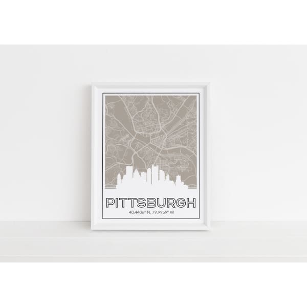 Pittsburgh Pennsylvania skyline and map with city coordinates - 5x7 Unframed Print / Tan - Road Map and Skyline