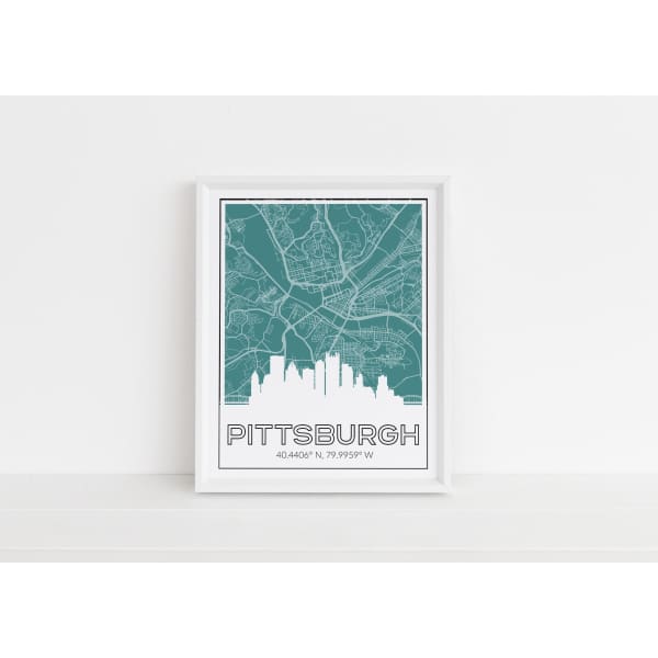 Pittsburgh Pennsylvania skyline and map with city coordinates - 5x7 Unframed Print / Teal - Road Map and Skyline