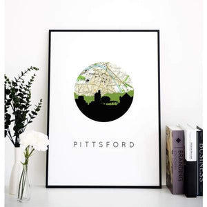 Pittsford New York city skyline with vintage Pittsford map - City Map Skyline