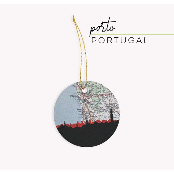 Porto Portugal city skyline with vintage Porto map - Ornament - City Map Skyline