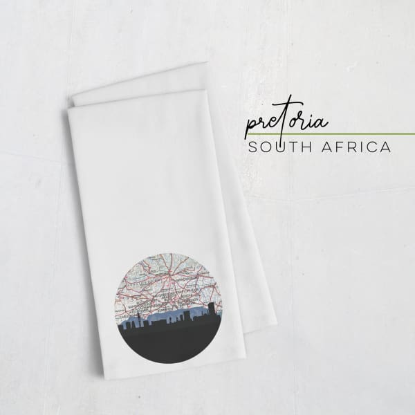 Pretoria South Africa city skyline with vintage Pretoria map - Tea Towel - City Map Skyline