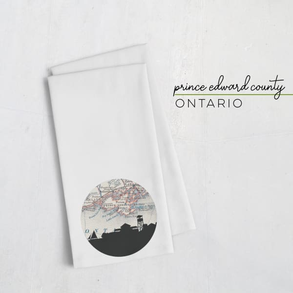Prince Edward County Ontario city skyline with vintage Prince Edward County map - Tea Towel - City Map Skyline