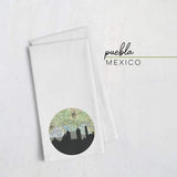 Puebla Mexico city skyline with vintage Puebla map - Tea Towel - City Map Skyline