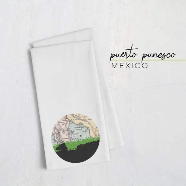 Puerto Punesco Mexico city skyline with vintage Puerto Punesco map - Tea Towel - City Map Skyline
