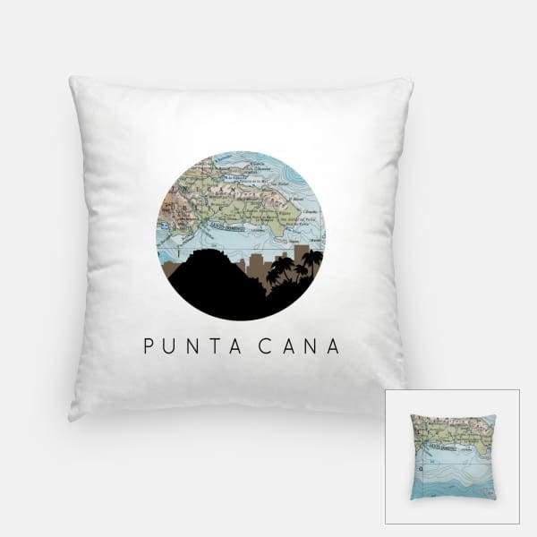 Punta Cana city skyline with vintage Punta Cana map - Pillow | Square - City Map Skyline