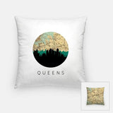 Queens New York city skyline with vintage Queens map - Pillow | Square - City Map Skyline