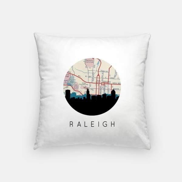 Raleigh North Carolina city skyline with vintage Raleigh map - Pillow | Square - City Map Skyline