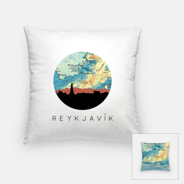 Reykjavik Iceland city skyline with vintage Reykjavik map - Pillow | Square - City Map Skyline
