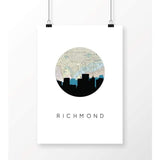 Richmond Virginia city skyline with vintage Richmond map - 5x7 Unframed Print - City Map Skyline