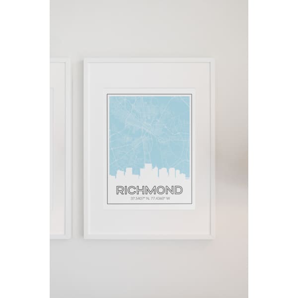 Richmond Virginia skyline and map with coordinates - 5x7 Unframed Print / LightBlue - Road Map and Skyline
