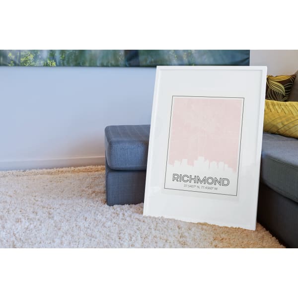 Richmond Virginia skyline and map with coordinates - 5x7 Unframed Print / MistyRose - Road Map and Skyline