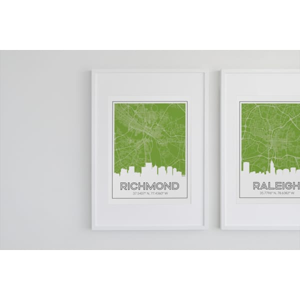 Richmond Virginia skyline and map with coordinates - 5x7 Unframed Print / OliveDrab - Road Map and Skyline