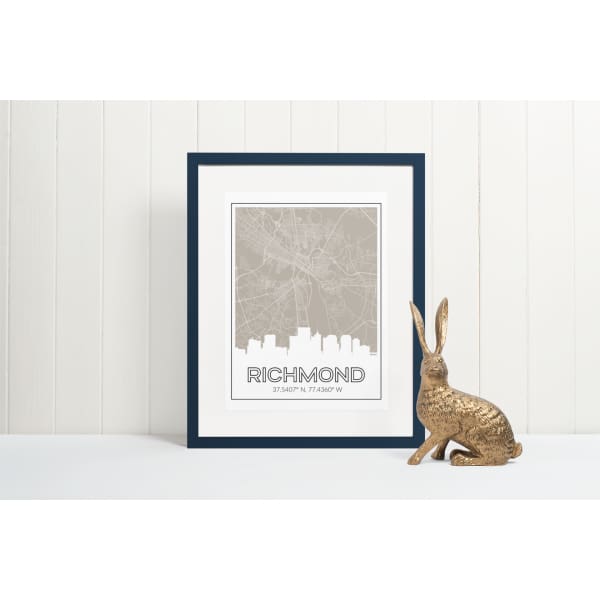 Richmond Virginia skyline and map with coordinates - 5x7 Unframed Print / Tan - Road Map and Skyline