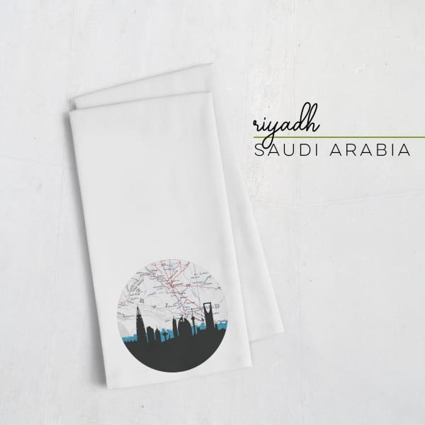 Riyadh Saudi Arabia city skyline with vintage Riyadh map - Tea Towel - City Map Skyline