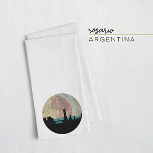 Rosario Argentina city skyline with vintage Rosario map - Tea Towel - City Map Skyline