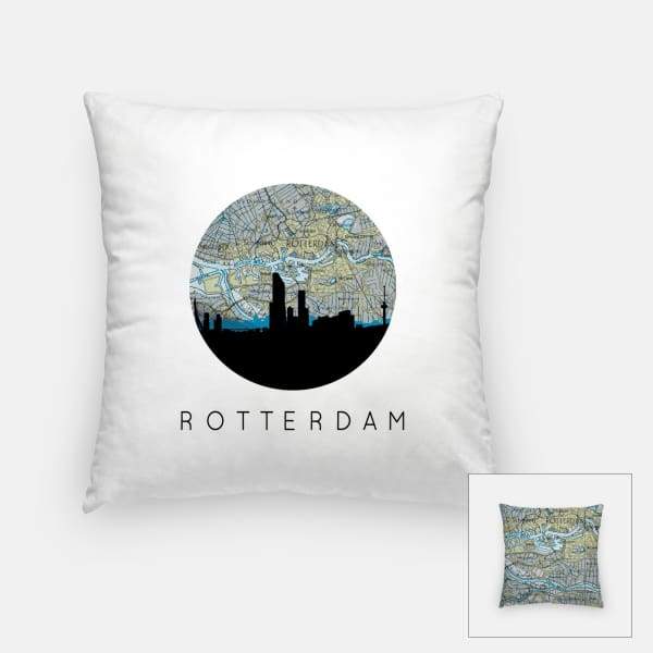 Rotterdam city skyline with vintage Rotterdam map - Pillow | Square - City Map Skyline