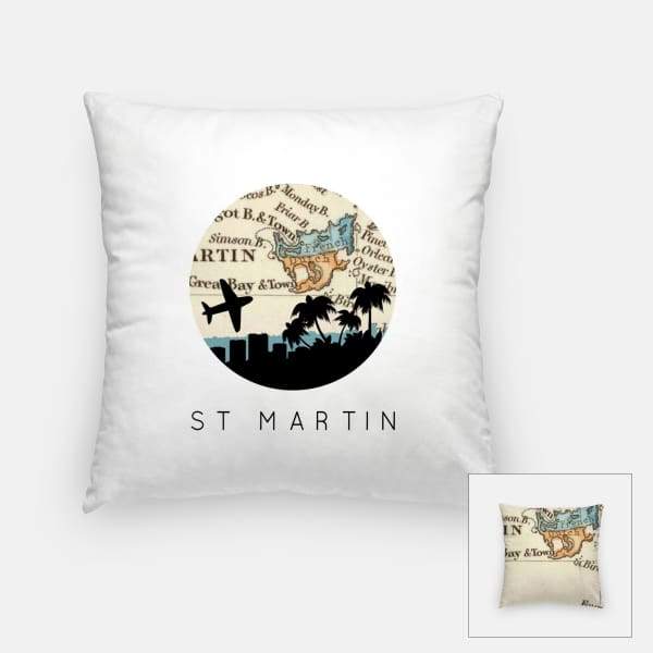 Saint Martin city skyline with vintage Saint Martin map - Pillow | Square - City Map Skyline