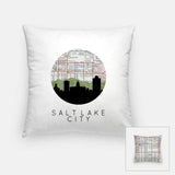 Salt Lake City Utah city skyline with vintage Salt Lake City map - Pillow | Square - City Map Skyline