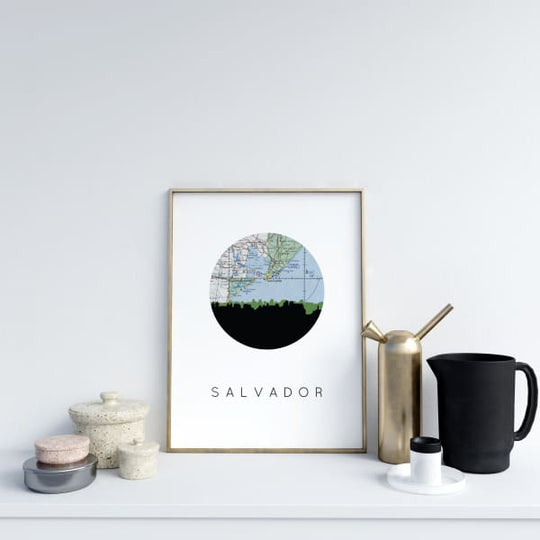 Salvador Brazil city skyline with vintage Salvador map - 5x7 Unframed Print - City Map Skyline