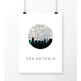 San Antonio Texas city skyline with vintage San Antonio map - 5x7 Unframed Print - City Map Skyline