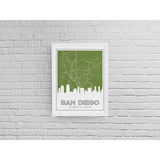 San Diego California skyline and map - 5x7 Unframed Print / OliveDrab - Retro Skyline