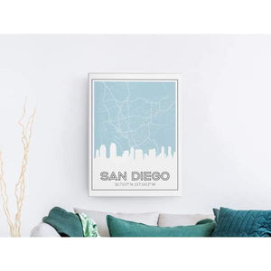 San Diego California skyline and map | Handshake - 5x7 Unframed Print / LightBlue - Road Map and Skyline