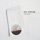 San Marcos Texas city skyline with vintage San Marcos map - Tea Towel - City Map Skyline