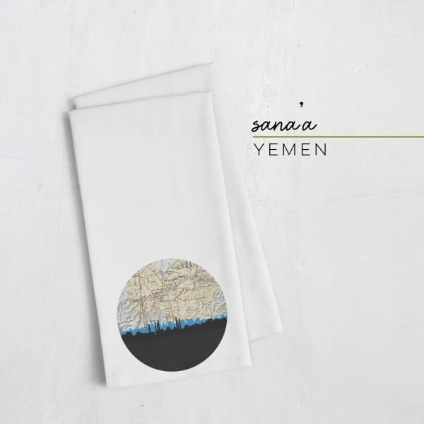 Sana’a Yemen city skyline with vintage Sana’a map - Tea Towel - City Map Skyline