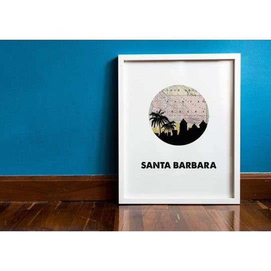 Santa Barbara California city skyline with vintage Santa Barbara map | Secret Sale - City Map Skyline
