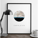 Sarajevo city skyline with vintage Sarajevo map - 5x7 Unframed Print - City Map Skyline
