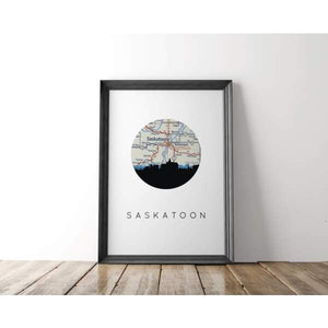 Saskatoon Saskatchewan city skyline with vintage Saskatoon map - 5x7 Unframed Print - City Map Skyline