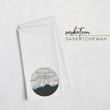Saskatoon Saskatchewan city skyline with vintage Saskatoon map - Tea Towel - City Map Skyline