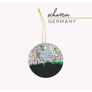 Schwerin Germany city skyline with vintage Schwerin map - Ornament - City Map Skyline