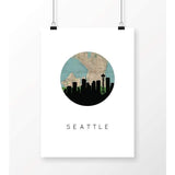 Seattle Washington city skyline with vintage Seattle map - 5x7 Unframed Print - City Map Skyline