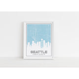 Seattle Washington skyline and map with coordinates - 5x7 Unframed Print / LightBlue - Road Map and Skyline