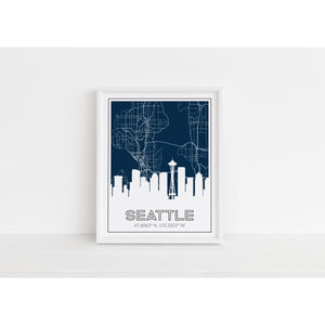 Seattle Washington skyline and map with coordinates - 5x7 Unframed Print / Navy - Road Map and Skyline