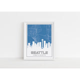Seattle Washington skyline and map with coordinates - 5x7 Unframed Print / SteelBlue - Road Map and Skyline