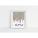 Seattle Washington skyline and map with coordinates - 5x7 Unframed Print / Tan - Road Map and Skyline