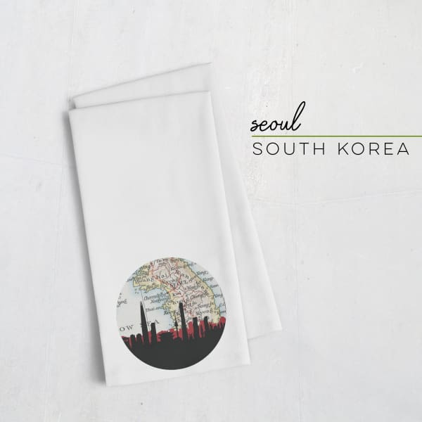 Seoul South Korea city skyline with vintage Seoul map - Tea Towel - City Map Skyline