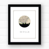 Sevilla city skyline with vintage Sevilla map - 5x7 FRAMED Print - City Map Skyline
