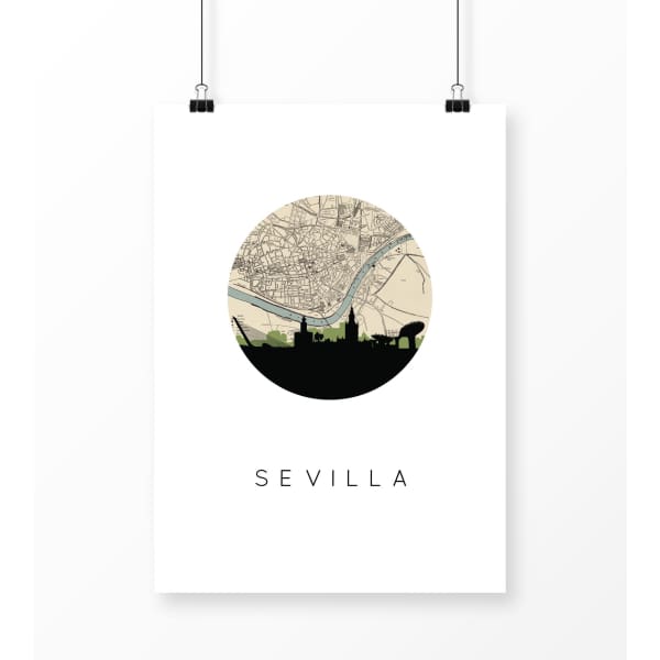 Sevilla city skyline with vintage Sevilla map - 5x7 Unframed Print - City Map Skyline