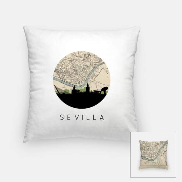 Sevilla city skyline with vintage Sevilla map - Pillow | Square - City Map Skyline
