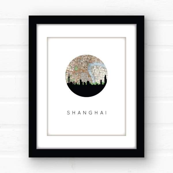 Shanghai China city skyline with vintage Shanghai map - 5x7 Unframed Print - City Map Skyline
