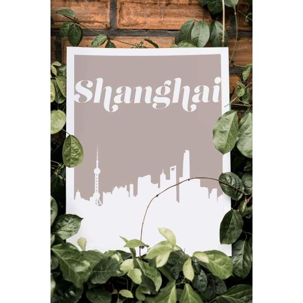 Shanghai China retro inspired city skyline - 5x7 Unframed Print / Tan - Retro Skyline