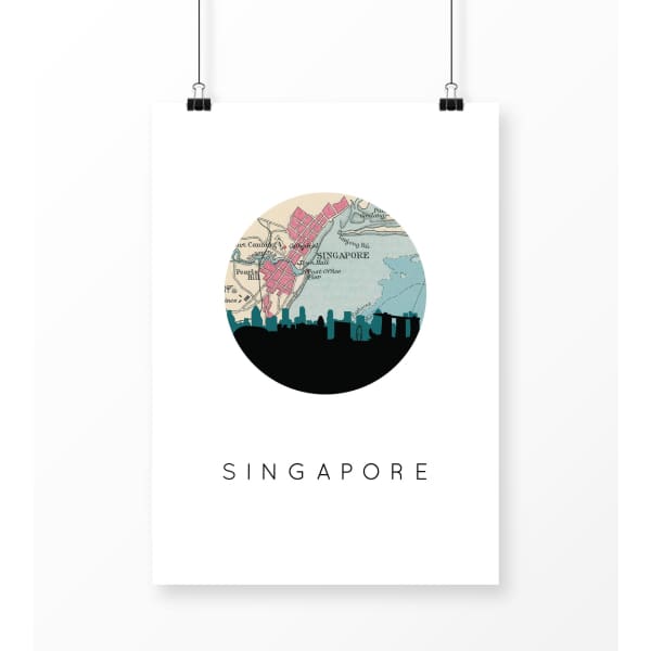 Singapore Singapore city skyline with vintage Singapore map - 5x7 Unframed Print - City Map Skyline