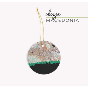 Skopje city skyline with vintage Skopje map - Ornament - City Map Skyline